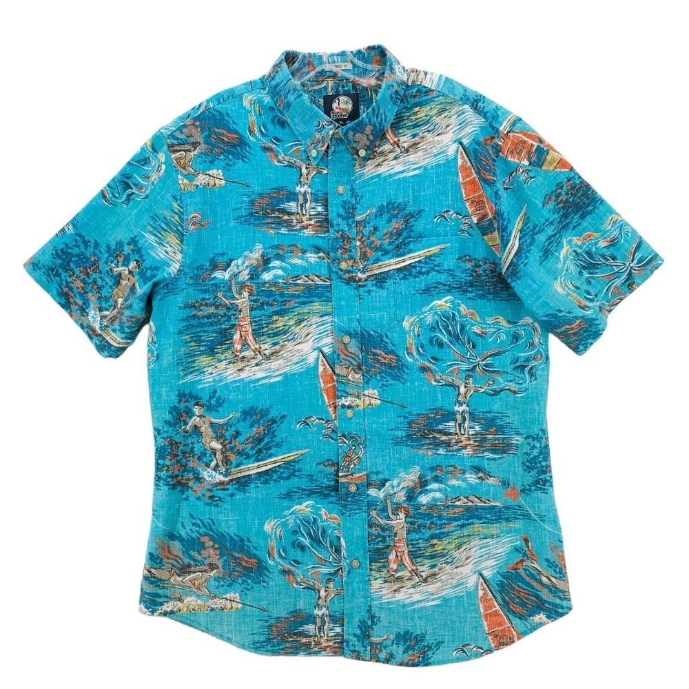 REYN SPOONER Blue Surfer Hawaiian Shirt Size XL Reverse Print Tailored Fit